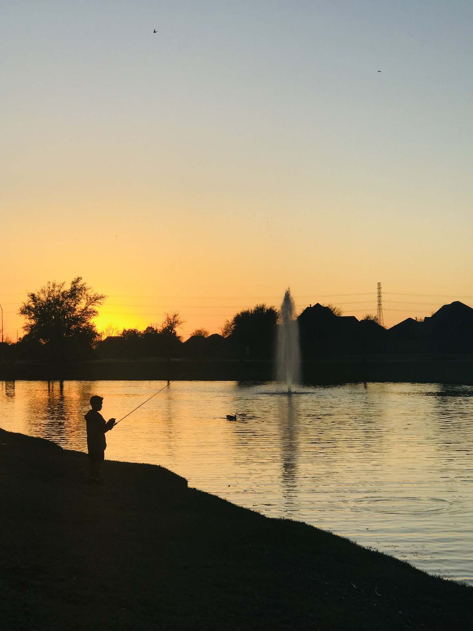 Person fishing beside a lake and fountain at sunset in Cane Island, Katy.
